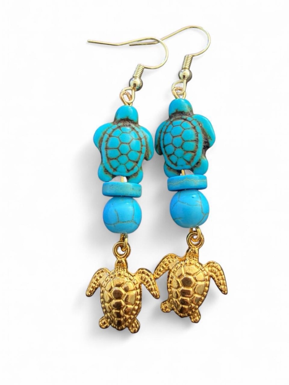 Handmade Turquoise & Gold Sea Turtle Dangle Earrings Beach Boho Coastal